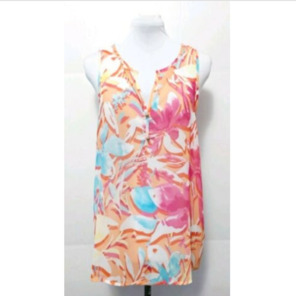 Mi Ami Sleeveless Faux V Neck Sheer Floral